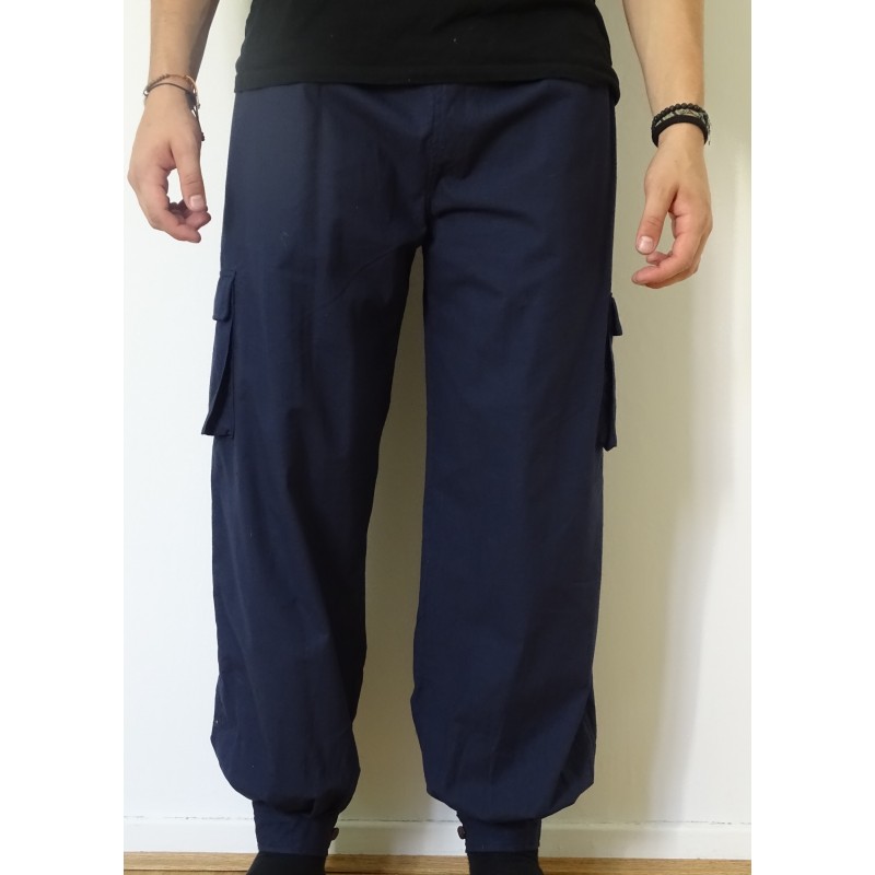 Pantalon homme marine, 100% toile de coton, 5 poches, ceinture élastique, empiècement avec bouton à la cheville